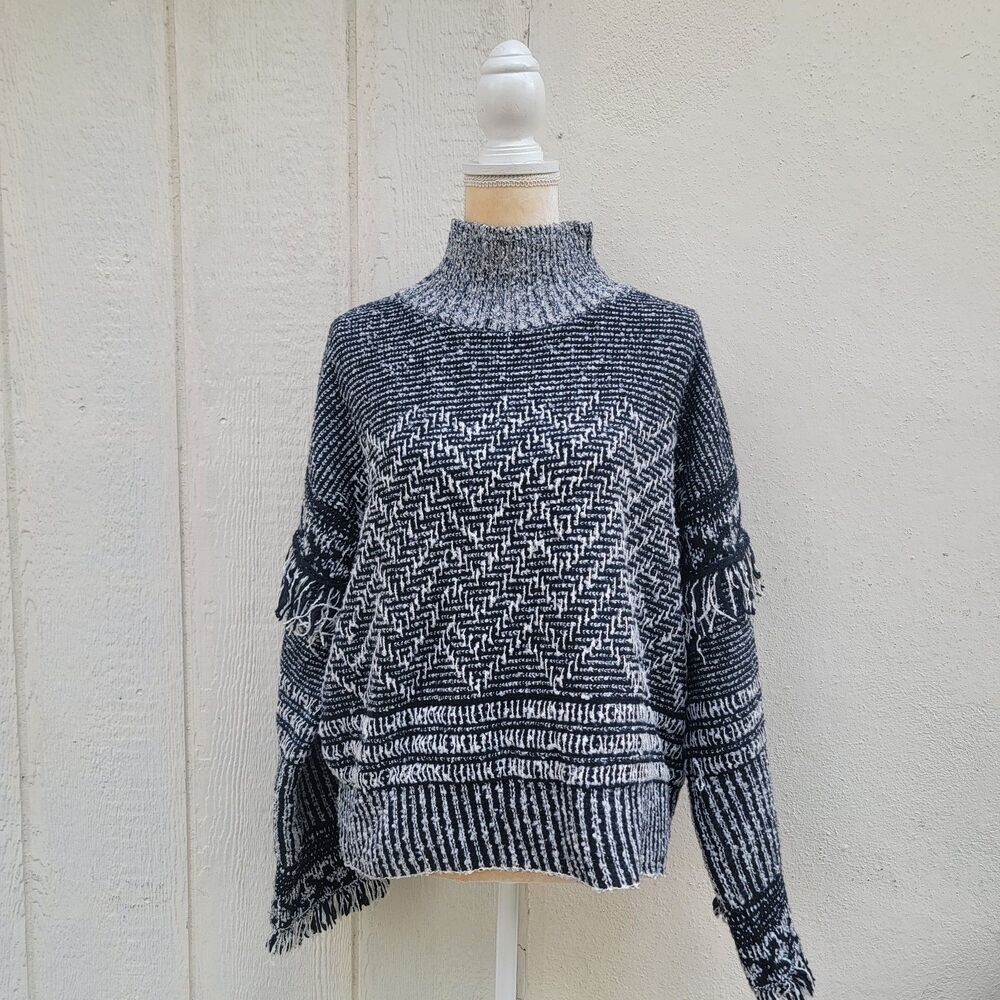 M Magaschoni Blk/wht Sweater Wmns Sz L Funnel Neck Fringe Detail Cozy